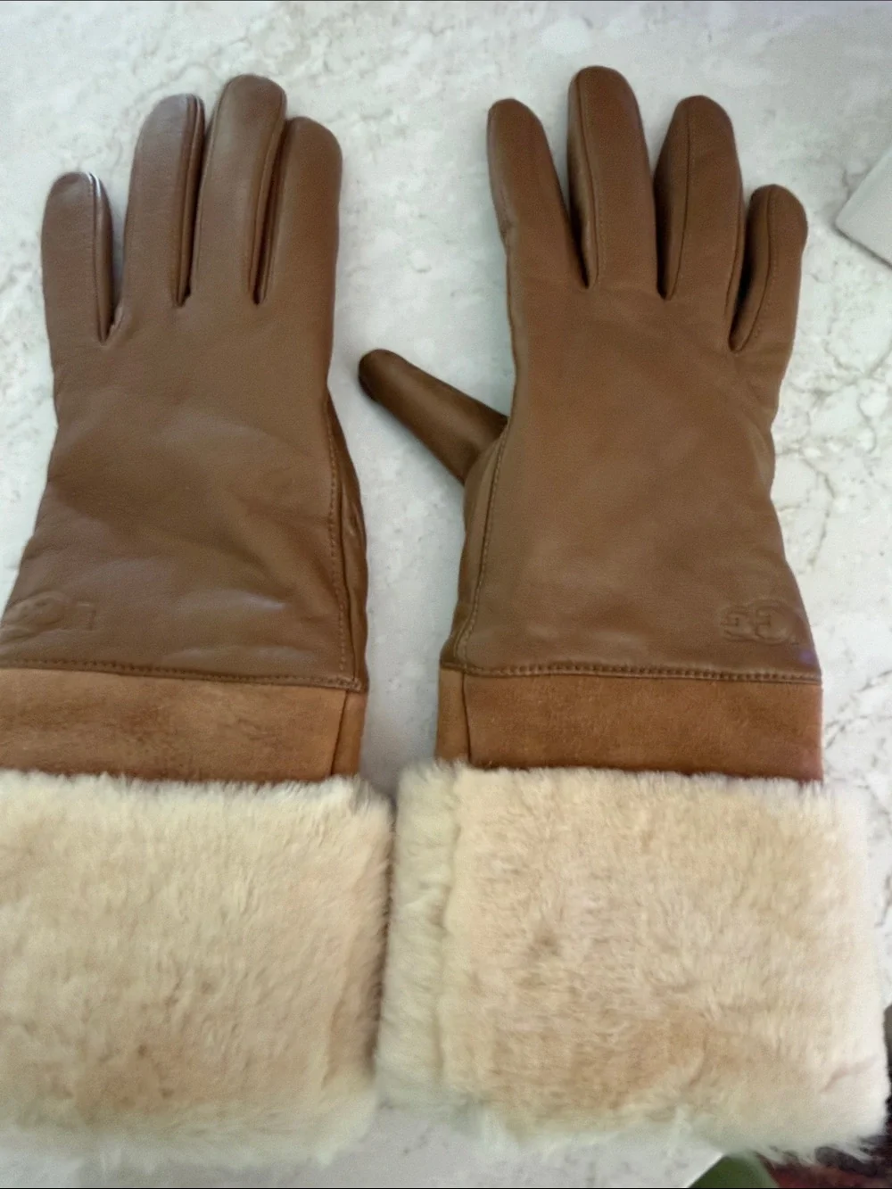 UGG Chestnut Brown Leather Gloves with Shearling Cuffs